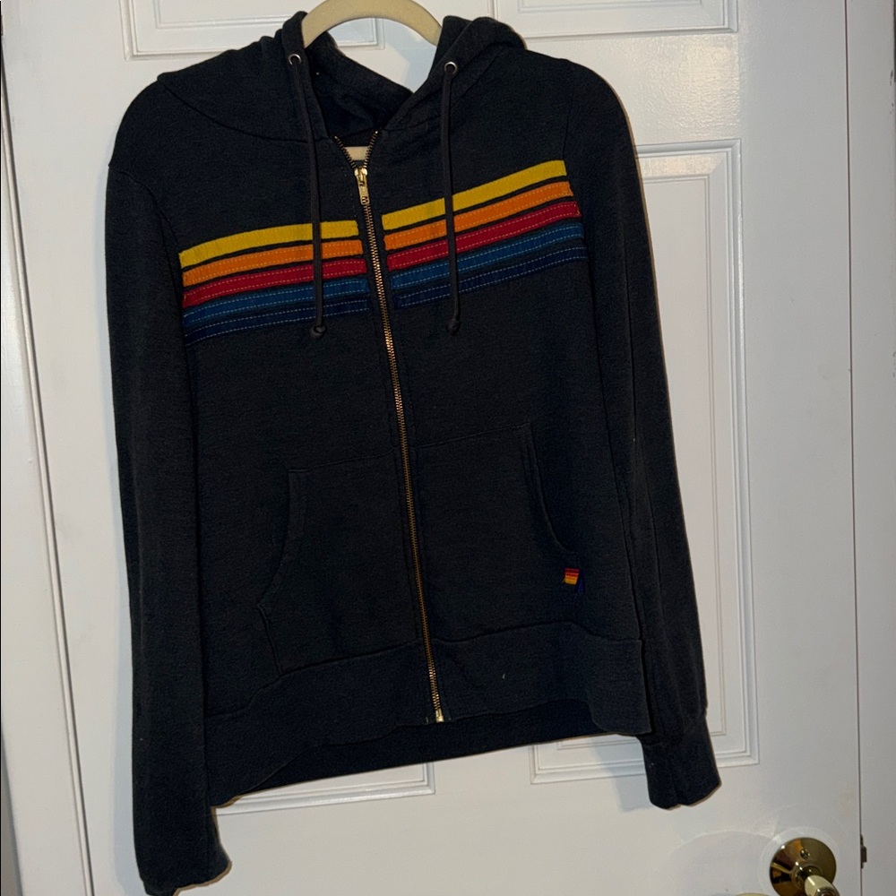 Charcoal grey Aviator Nation  Hoodie with Rainbow Stripes